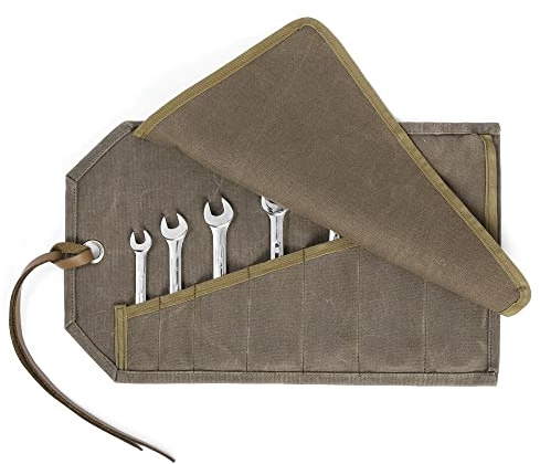 Schraubenschlüssel Set Roll, Heavy Duty 16oz Waxed Canvas Tool Organizer Case, Portable Small Wrench Roll Pouch mit 7 Taschen | Metric & SAE | Grey