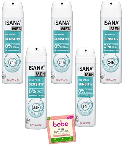5x Isana Men Deospray Sensitiv | 5x 150ml | für empfindliche Haut | 0% Aluminium