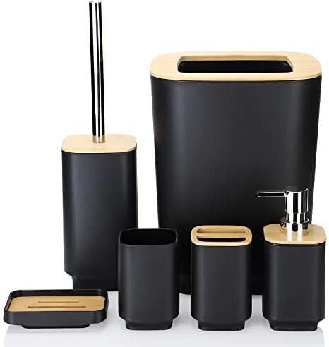 JOTOM Bambus Badezimmer Zubehör Set 6 Stück Modernes Design 6 Stück Badezimmer Zubehör Set Seifenspender Zahnbürstenhalter Zahnbecher Seifenschale Toilettenbürste Müll für Badezimmer Wohnkultur