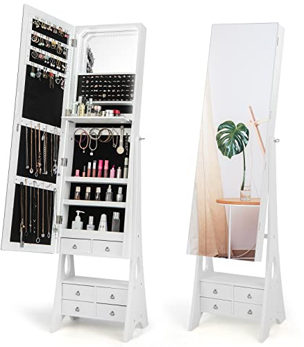 COSTWAY Armadietto Portagioie da Terra, Specchio Portagioie con Specchio Senza Cornice, 12 Luci LED, Organizzator per Gioie per Trucco da Terra, con 4 Cassettini, 41 x 36 x 159 cm (Bianco)