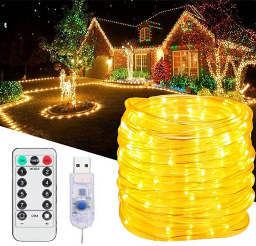 XRR Cadena de Luces LED USB, 100 ledes manguera USB cadena de luces para exterior e interior, 8 modos Guirnalda Luces para dormitorio, fiesta, jardín, camping, Navidad (blanco cálido)