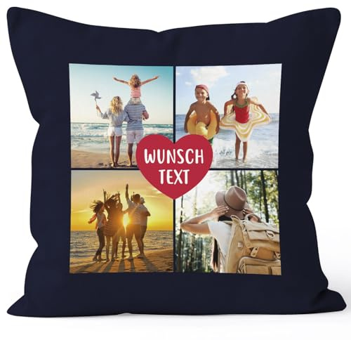 SpecialMe® Kissen-Bezug mit Foto-Collage 4 eigene Bilder und Wunschtext persönliche Geschenkidee personalisierbar Baumwolle Navy Standard