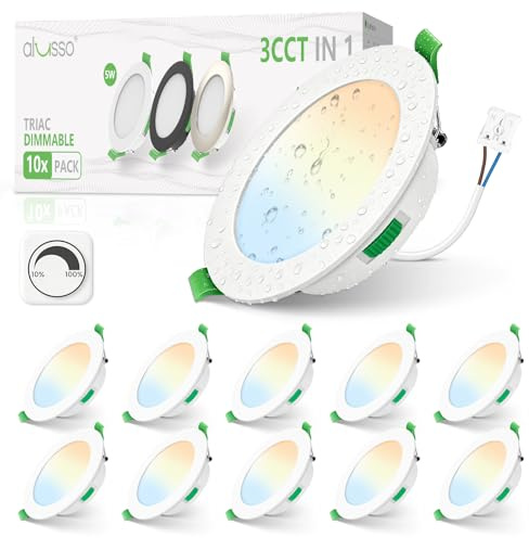 ALUSSO Einbaustrahler LED 68-78mm Dimmbar 5W 440LM 3CCT 10er Set | LED Spots 230V, 3000K Warmweiß 4000K Neutralweiß 6500K Kaltweiß, IP44 Deckenspots für Badezimmer Küche Wohnzimmer,Weiß