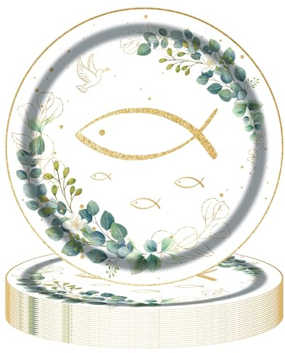 MAGLAUG Platos de papel, decoración para comunión, confirmación, eucalipto, pescado, vajilla de fiesta, platos de papel, platos desechables, decoración de mesa para confirmación, comunión, bautizo,