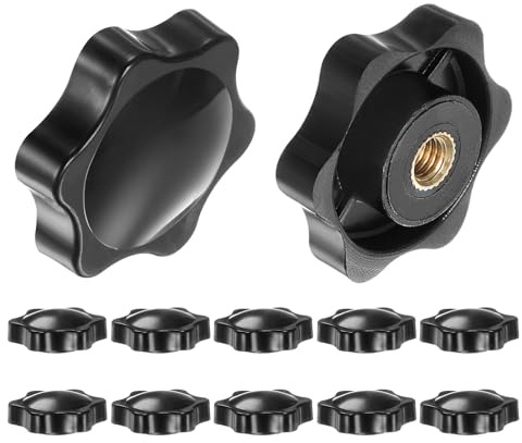 sourcing map 12pcs Star Knobs M5 Female Thread 32mm 6-Point Plastic Head Brass Insert Non-Through Hole Screw-in Threaded Hand Knob Clamping Handle, Black
