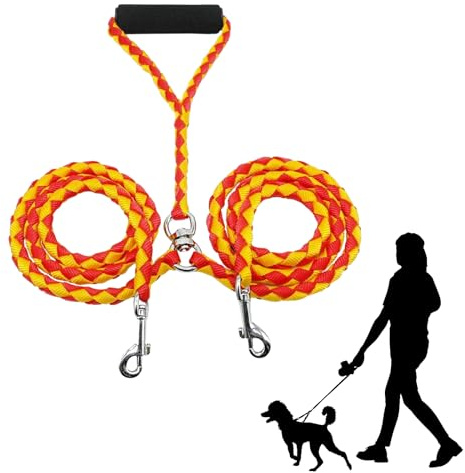 Dokeno Dubbelt hundkoppel, dubbelt nylonkoppel, dubbelkoppel för hundar utan trassel, med två vadderade handtag, multifunktionellt koppel för två hundar promenad 140 cm (orange)