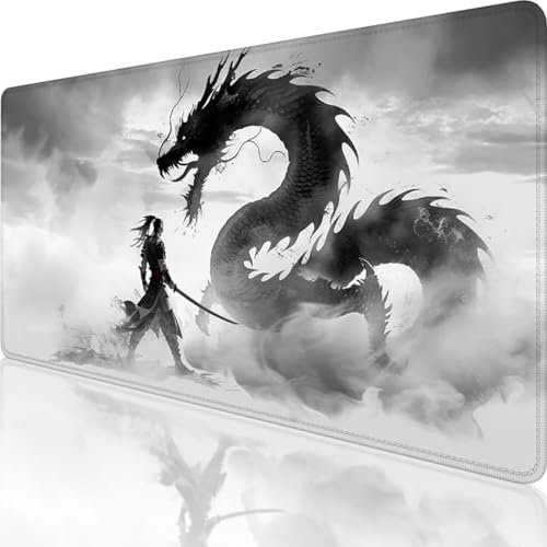 Schwarz Mauspad XXL 800 x 300, Erweiterte Groß Mousepad Drachen, Wasserfest Schreibtischunterlage Vernähte Kanten Design, Mouse Pad mit rutschfeste Gummibasis für Pc Büro Deko, Geschenk Frau l-4