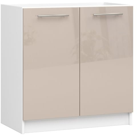 AKORD | Mueble de Cocina Bajo Fregadero - Oliwia S80 | Base de Cocina con 2 Puertas y 1 Estante | Mueble de Entrada | Armario | 46 x 80 x 82 cm | Blanco | Capuchino Brillante