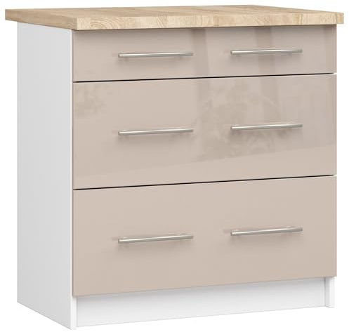 AKORD | Küchenschrank mit Arbeitsplatte - Oliwia S80 | Küchenunterschrank mit 3 Schubladen | Unterschrank Küche 80 cm Breit | ABS-Kante 18 mm | 46 x 80 x 85 cm | Weiß & Cappuccino Glanz
