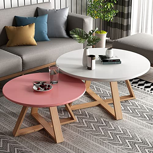 Moderne, minimalistische Couchtische, 2er-Set, stabil und einfach zu montieren, runde kleine Tische für Wohnzimmer, Schlafzimmer, Balkon, Weiß und Rosa, 70 cm +