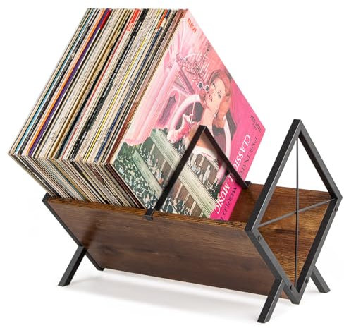 PUERSI Vinyl Record Storage Rack, 80 LP Record Storage Holder, 1 Tier Vinyl Display Shelf with Adjustable Divider, Organizer for Albums, Magazine, Book, Files - Brown