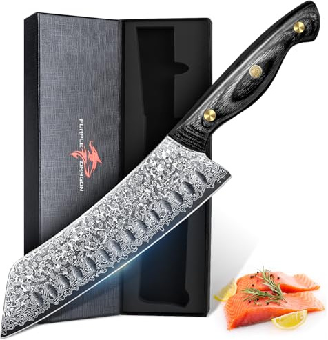 Purple Dragon Damaskus Kiritsuke Messer 7 Zoll, Messer mit scharfem Rand und Holzgriff Hand geschmiedete Kochmesser für den Hausgebrauch, Fleisch Gemüse, Geburtstagsgeschenk