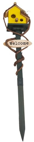 Birdhouses for Outdoors with Pole, 27.6 inch Tall Wood Bird House, Cottage Birdhouse Stand, Decorative Bird House Garden Stake for Lawn Yard Yellowfor