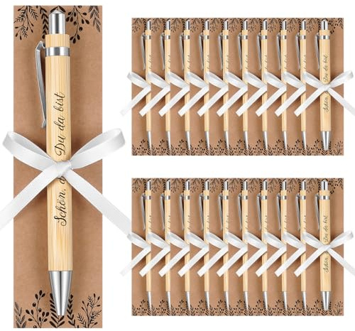 Tenare 20 Set Schön Das du da Bist Gastgeschenk Hochzeit Holz Kugelschreiber Druckkugelschreiber mit Spruch Kraftpapierkarte Weiß Band Dankeschön Gastgeschenke für Taufe Geburtstag (Elegant)