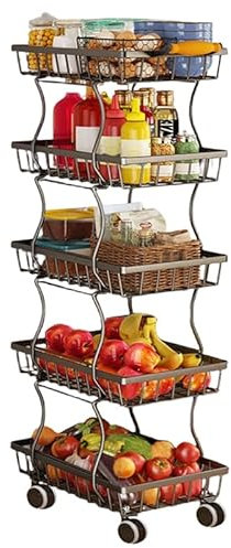 Panier à fruits à roulettes, support en fil métallique fin, poignée en bois, roues, étagère de rangement empilable pour cuisine, salon, chambre à coucher et salle de bain