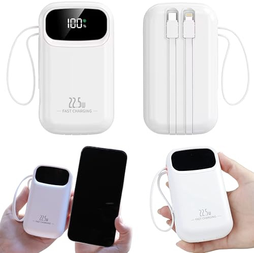 Batterie Externe Charge Rapide, 20 000 mAh, Charge Rapide, avec câbles USB et USB C, Batterie Portable pour iPhone, avec câbles intégrés, Compatible avec Samsung iPad MacBook Blanc