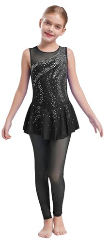 Yruioon Kinder Turnanzug Mädchen Gymnastikanzug Ärmellos Ganzkörperanzug Glitzer Eiskunstlauf Body Sport Overall Jumpsuit Schwarz 146-152