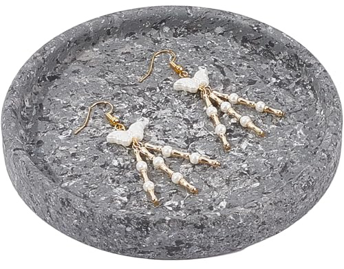 Beebeecraft Small Ceramic Round Tray Decorative 12cm Jewelry Tray Dish Plate for Coffee Table Perfume Candle Living Room Bathroom Necklace Bracelet Ring Earring Display Stand Holder (Gray)