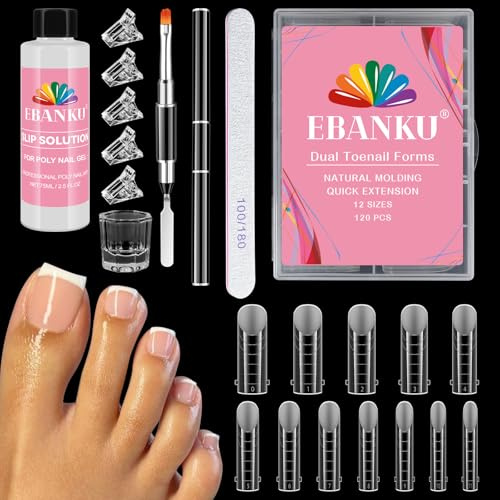 EBANKU Kit med 120 gel-nagelformar för fötter, dubbla fyrkantiga långa formar för gelförlängningar, återanvändbar nagelspetsform med 75 ml glidlösning, 12 storlekar