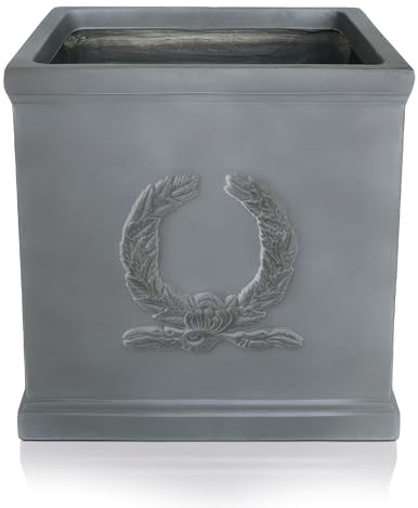IDEALIST 30cm Square Plant Pot | Leaden Grey Reinforced Stone Garden Planters with Drainage Holes | Faux Lead Kensington Box L30 W30 H30 cm, 19 litres
