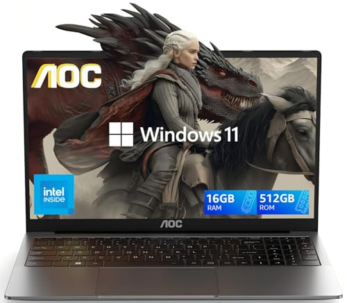 AOC Ordinateur portable Windows 11 16 Go de RAM 512 Go SSD, écran FHD de 15,6, ordinateur portable de qualité supérieure (jusqu'à 3,6 GHz), léger et fin, coque en métal, webcam, Type-C, USB 3.2