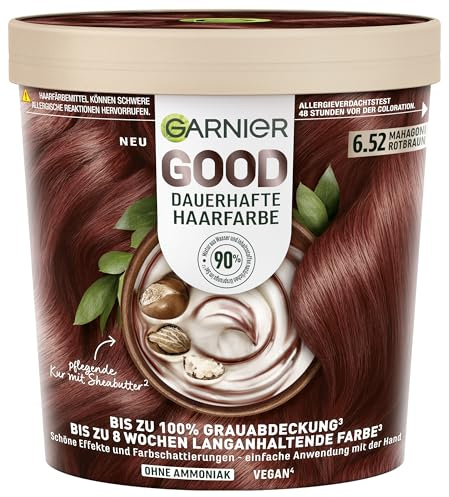 Garnier GOOD Dauerhafte Haarfarbe 6.52 Mahagoni Rotbraun – Coloration ohne Ammoniak, vegane Formel, bis zu 100% Grauabdeckung, langanhaltende Farbe, mit angenehmem Duft, 1 Stk.