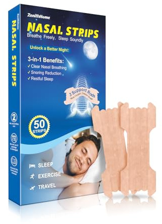 50 Pcs Tiras Nasales Antironquidos, ZenithHome Nose Strips Antironquidos Para Dormir, Nasal Strips Deportivas, Alivio de la Congestión y Respirar Mejor por la Nariz, Duerme Profundamente