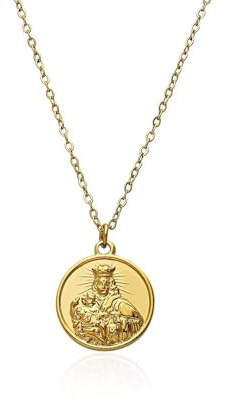 AVANCY Collar Virgen del Carmen Comunión. Acero 316 L. Chapado Oro 18 kilates. Cadena largo ajustable 40 hasta 45 cm. Cadena y Medalla Virgen María.