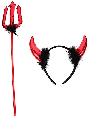WEKAMOS Costume Diavolo per Halloween con Cerchietto Corna Rosse e Forcone Accessori Leggeri e Confortevoli per Feste Tema e Cosplay