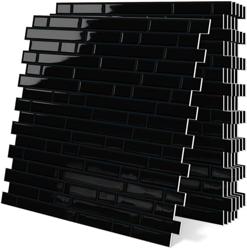 DEWOO Klebefliesen Küche Wandfliesen Selbstklebende Fliesen Schwarz | 3d,Dicker,Plastik,Vinyl,Küchenrückwand,Wand,Bad,Küchenwand,(30,5 x 30,5 cm,10-Stück)