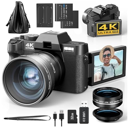 YVAAASIYC Macro Lens 4K Digital Camera Flip Screen Selfie Camcorder 48MP Vlog WIFI Webcam Video Recorder 16X Zoom