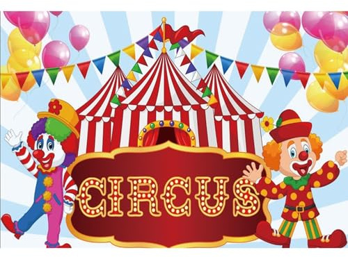 YongFoto 2,5x1,8m Vinyle Photographie Toile de Fond Carnaval de Cirque Chapiteau Clowns Drapeaux de Ballons colorré Rayures Bleues et Blanches Fond de Studio Photo vidéo Photo Shooting Accessoires