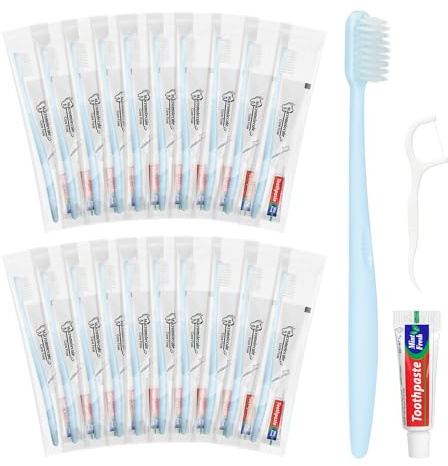 Engångsrese tandborste och tandkräm, individuellt förpackad, ljusblå, med tandtråd, hotelltandborste lämplig för hotell, hem, camping, resor (30-pack)