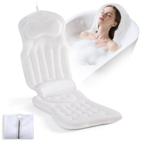 Cuscino da Vasca per Tutto Corpo, Vasca da Bagno con Tappetino a Bolle con Poggiatesta e Supporto lombare, Cuscino da vasca per divano da bagno con ventose e ganci per appendere (Bianco)