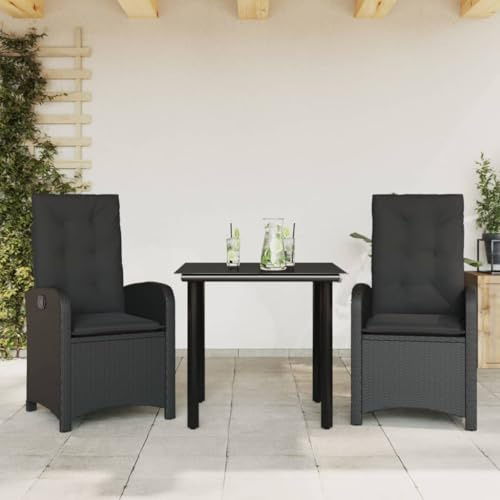LoogCape 3-TLG. Garten-Essgruppe Schwarz aus Poly Rattan, verstellbare Stühle, Glastisch, Bequeme Kissen, wetterfest für Terrasse & Balkon