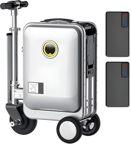 Valigia Elettrica Cavalcabile con Maniglia Telescopica a Un Pulsante, Batteria Rimovibile, Porta USB, Lucchetto Password, Imbottitura Sedile, Carico 110 KG, per Adulti in Viaggio Silver-with2battery