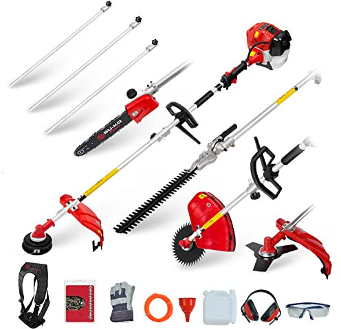 BU-KO 52 cc Long Reach bensin multifunktionellt trädgårdsverktyg inkluderar: Strimmer, häcktrimmer, beskärningsmotorsåg med 2,4 mm tjock trimmerlinje och 3 x 75cm förlängningsstänger