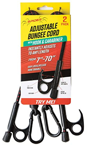 Spider Adjustable Bungee Cord with Hook and Carabiner – Heavy Duty Tie Down Bungee Straps for Camping, Tarp, Outdoor, Bike Rack, Luggage and Marine Use – 48” Unstretched, 7”-70” Stretched (2 Pack)