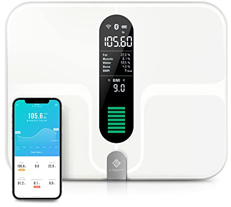 Etekcity Körperfettwaage WLAN, Smart Waage Personen mit Körperfett und Muskelmasse Personenwaage digital für Körperfett, Extragroße Oberfläche mit USB-Ladekabel überwacht 13 Körperwerte, 180 kg