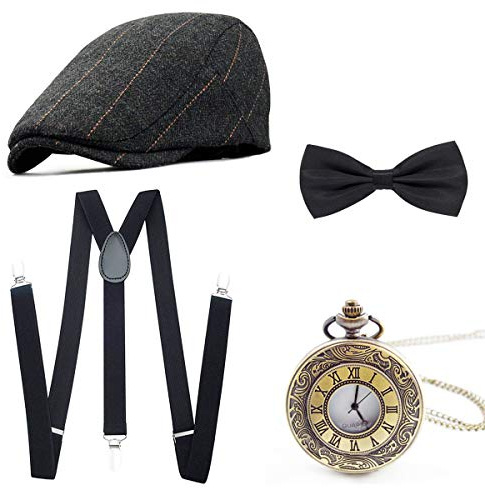 Wagoog des Années 1920 accessoires pour hommes, Mafia gatsby costume ensemble y compris le chapeau panama, Ajustable bretelles élastiques, Cravate noeud de cou mens et montre de poche vintage