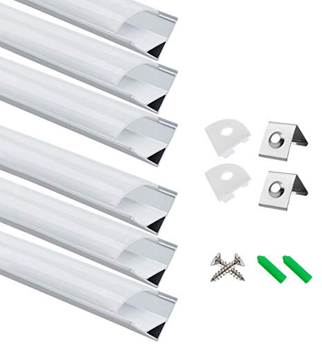 LightingWill 6-pack LED aluminiumprofil, 1,0 m LED aluminiumkanal silver V-formad LED-diffusor med mjölkvitt skydd, ändlock och monteringsklämmor för LED-lysrör