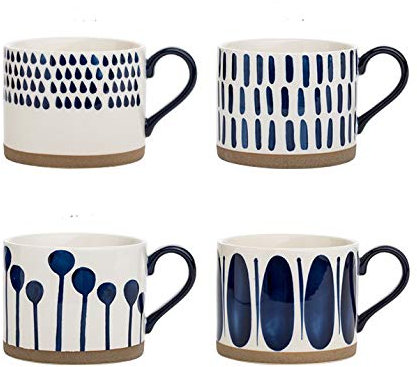 Koja Hand Painted 15 oz. Porcelain Ceramic Mugs Set. Service for 4.