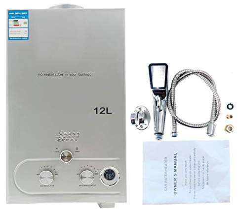 Cozyel Tragbarer Gas Durchlauferhitzer 12L 24KW Propangas Campingdusche für Dusche im Außenbereich Dusche Bad Warmwasser Camping Dusche LPG Warmwasserbereiter Warmwasser Tankless Instant,Silber