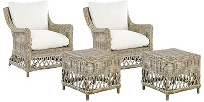 Beliani Gartensessel mit Hocker Rattan natürlich 2er Set Auflagen cremeweiß Boho Ribolla