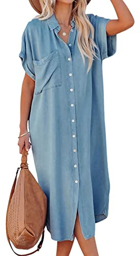 CUPSHE Femme Robe Casual Boutonné à Col de Chemise Manchon de Cloche Longue Shirt Robe Tunique Blouse Bleu XL