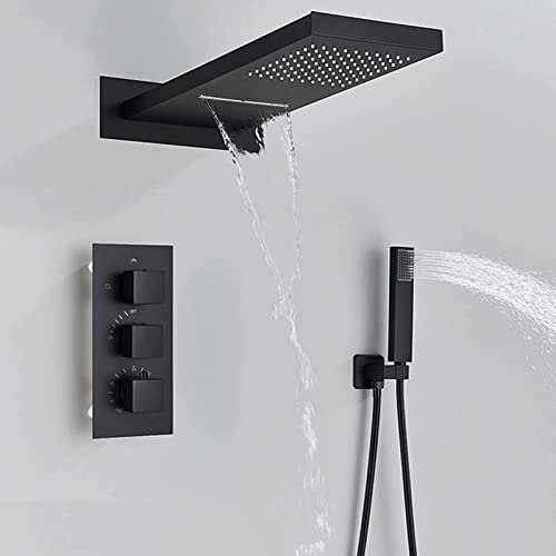 Yalsfowe Sistema doccia a pioggia nero opaco, set rubinetteria termostatica per doccia, soffione rettangolare a cascata con soffione a pioggia con doccetta, set miscelatore doccia a parete