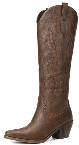 Pasuot Western Cowboy Boots for Women - Knee High Wide Calf Cowgirl Boots with Classic Embroidered, Slip On Pointed Toe Chunky Heel Fashion Retro Classic Pull On Tall Boot for Girls Ladies Fall Winter