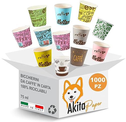 AKITAInk 1000 Pz Bicchieri Caffe Carta Biodegradabili Biocompostabili Tazzine 75 ml Made in Italy 100% Top Qualità
