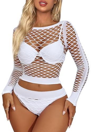 Buitifo Womens Lingerie Set Fishnet Babydoll Bodysuit Sexy Nightwear Set Mesh Sleepwear Nightdress(White wg,one size)