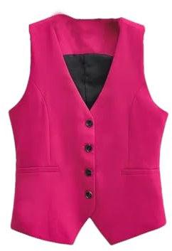 Chaleco de traje de mujer con cuello en V de un solo botonadura rosa rojo chaleco delgado corto asimétrico delgado sin mangas chaleco, fucsia, L
